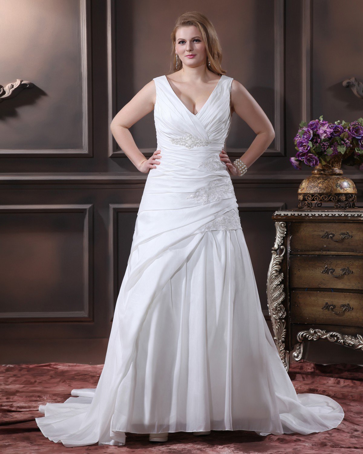 Satin Beading Applique V Neck Sweep Plus Size Bridal Gown Wedding Dress