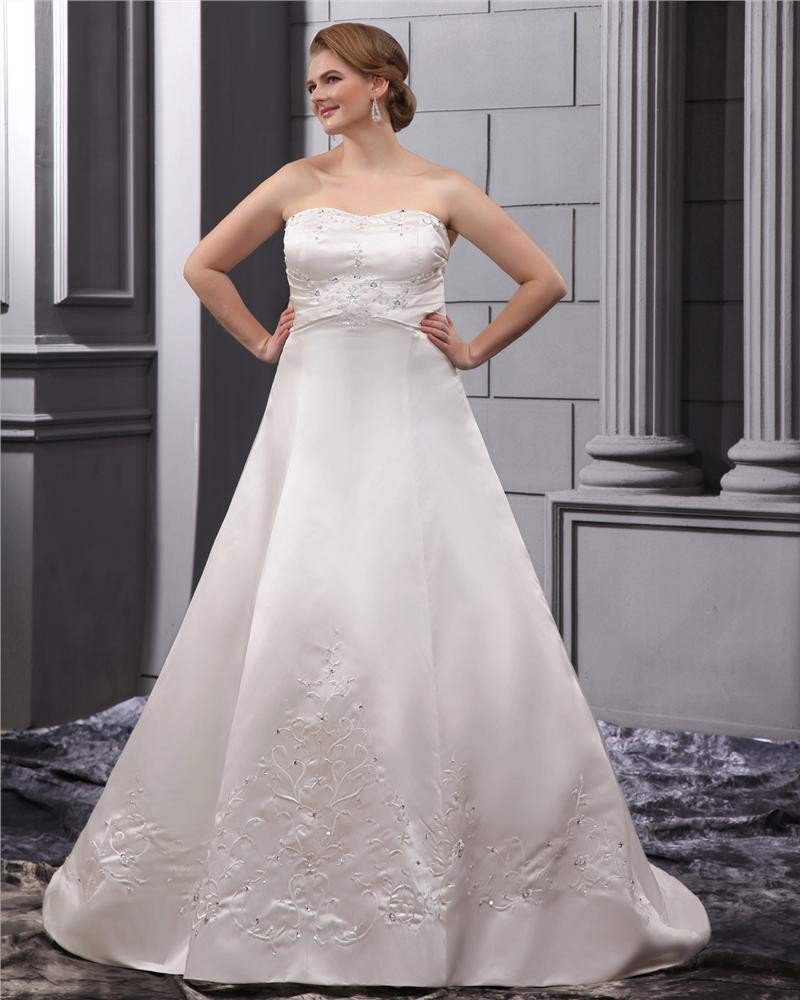 Elegant Strapless Floor Length Satin Embrpoidery Court Plus Size Bridal Wedding Dresses