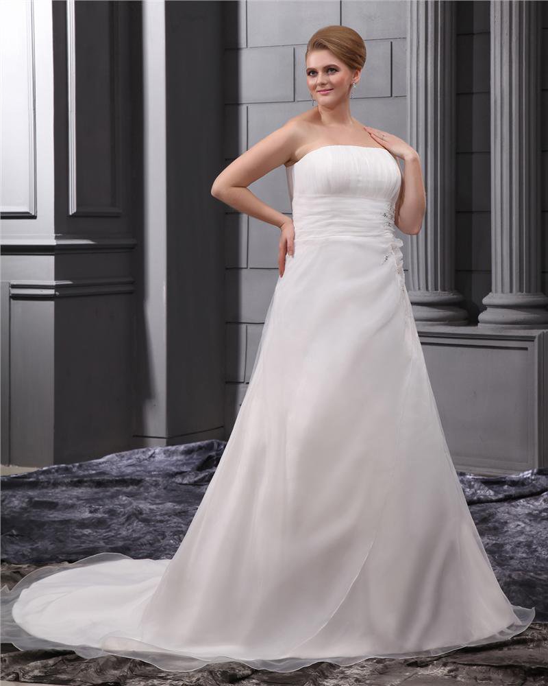 Elegant Chiffon Strapless Court A-line Bridal Plus Size Wedding Dress
