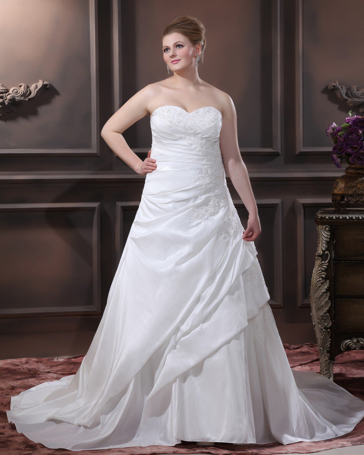 A-Line Strapless Sweep Taffeta Embroidery Bead Plus Size Wedding Dress