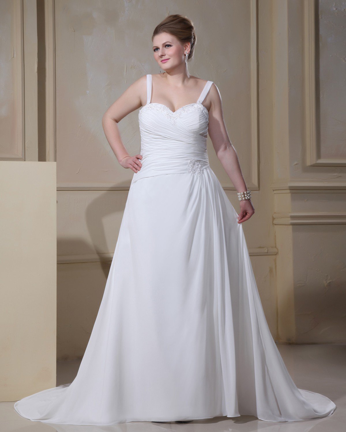 Elegant Spaghetti Straps Sleeveless Floor-Length Satin Chiffon Plus Size Wedding Dresses