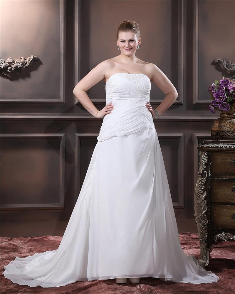 A-Line Strapless Sweep Bead Chiffon Satin Plus Size Wedding Dress