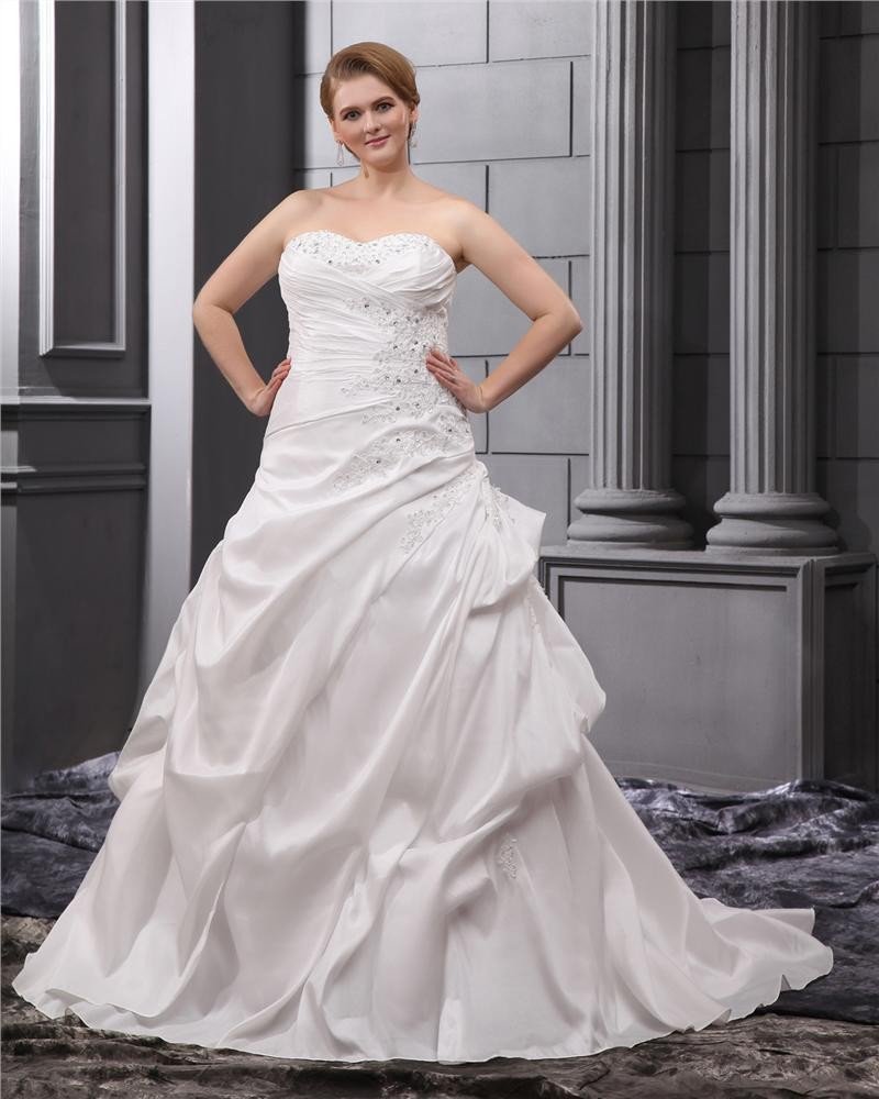 A-Line Strapless Sweep Satin Plus Size Wedding Dress