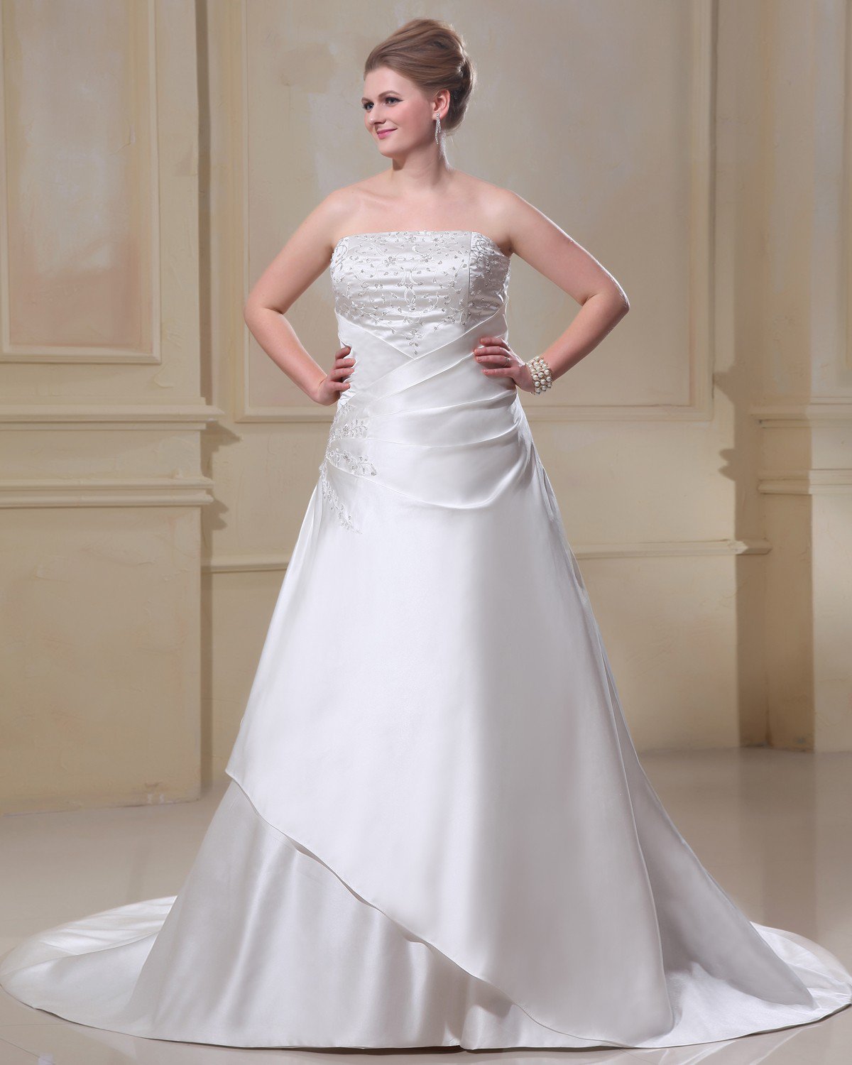 A-Line Square Sleeveless Sweep Embroidery Satin Plus Size Wedding Dress