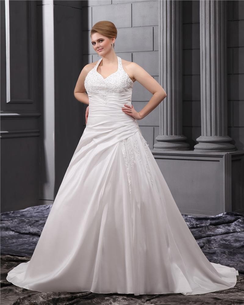 Satin Beading Applique Halter Chapel Plus Size Bridal Gown Wedding Dresses