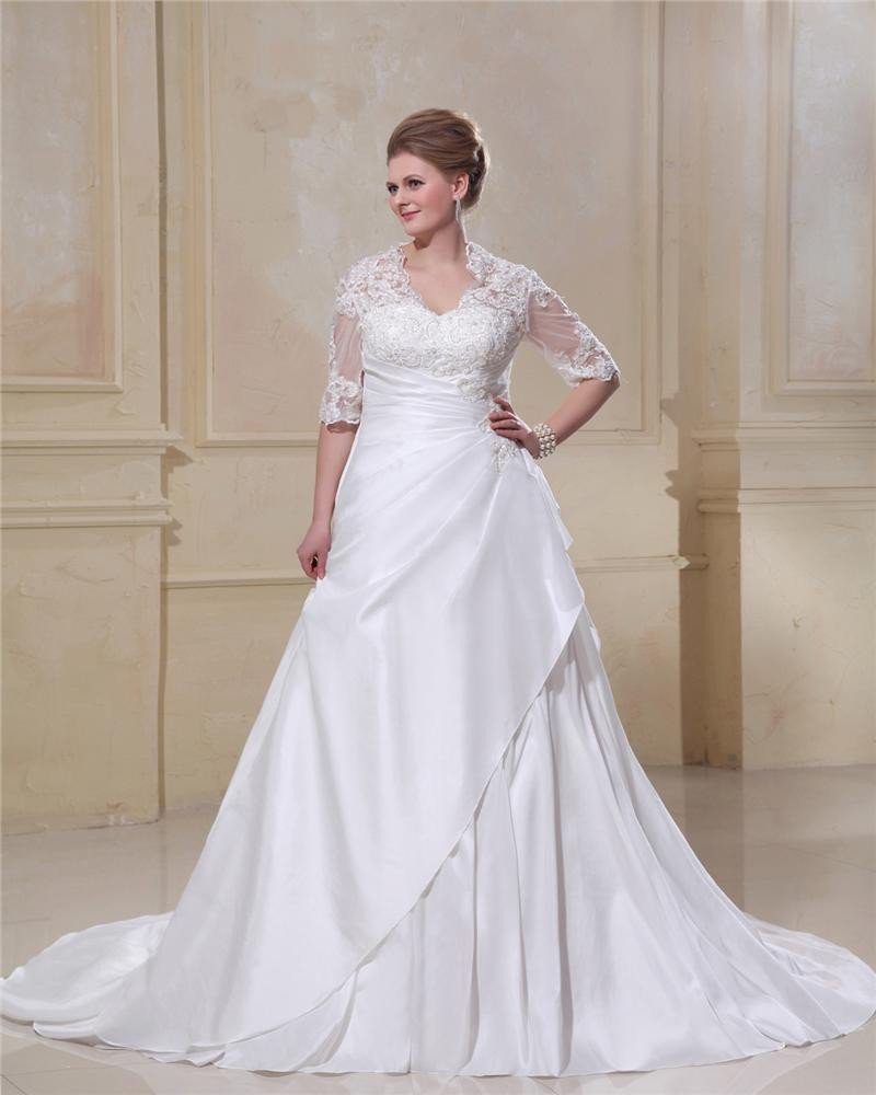 Taffeta Lace Applique Beaded Queen Anne Plus Size Bridal Gown Wedding Dresses