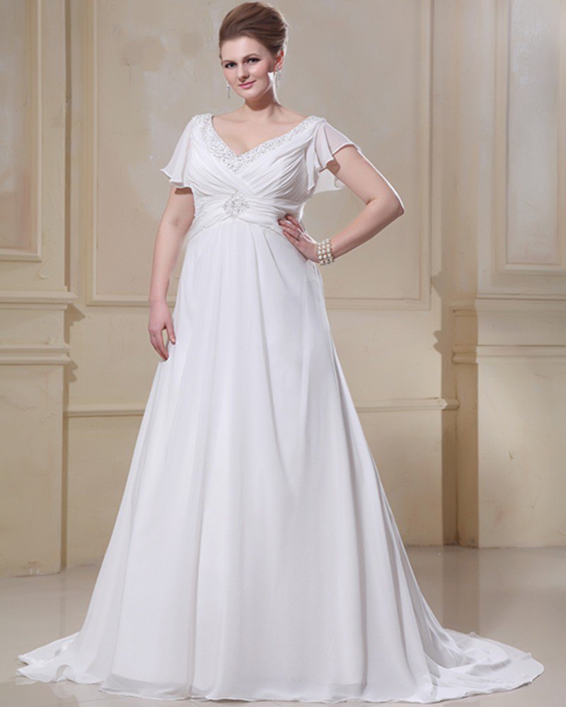 Chiffon Ruffle Beaded V Neck Plus Size Bridal Gown Wedding Dresses