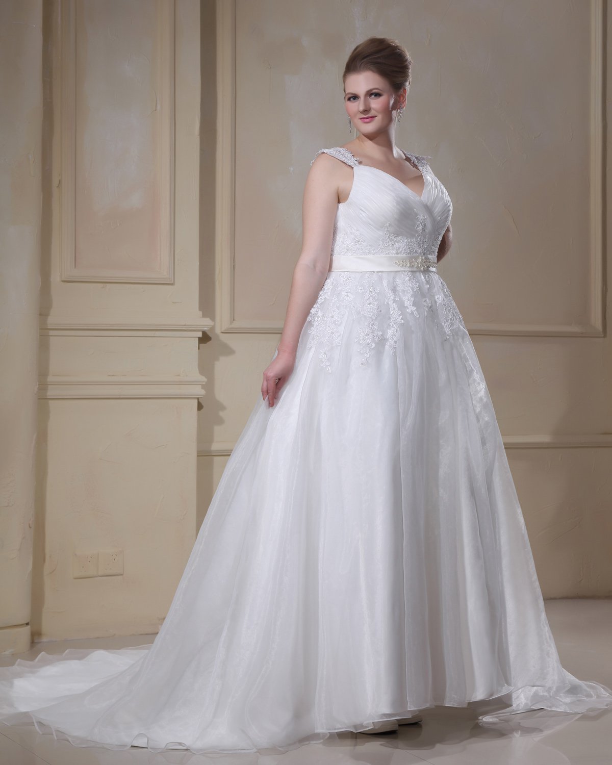 Applique Beading Yarn V Neck Court Plus Size Bridal Gown Wedding Dresses