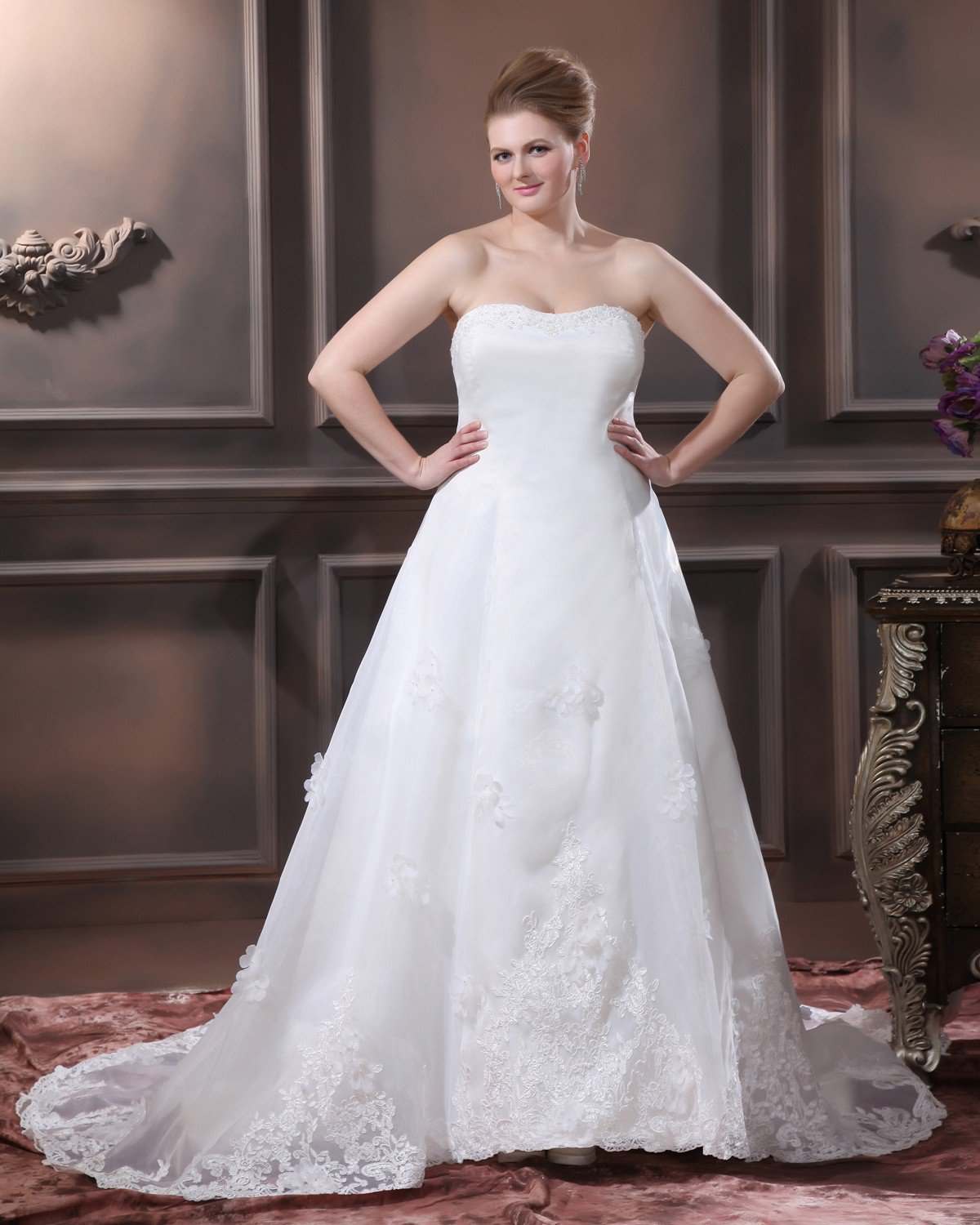 Satin Organza Beaded Applique Hand Flower Strapless Plus Size Bridal Gown Wedding Dresses