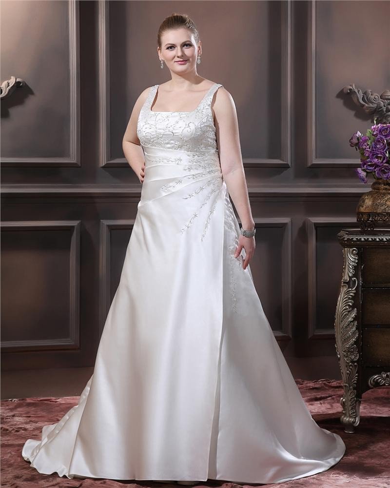 Satin Beaded Embroidery Spaghetti Straps Court Plus Size Bridal Gown Wedding Dress