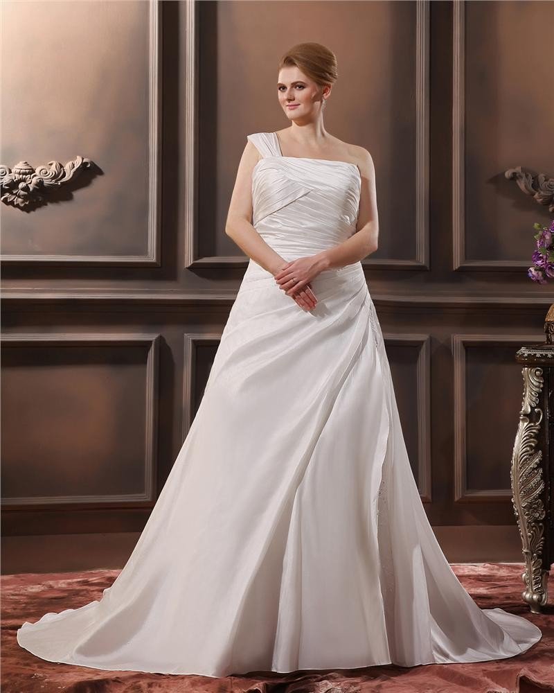 Satin Applique One Shoulder Court Plus Size Bridal Gown Wedding Dresses