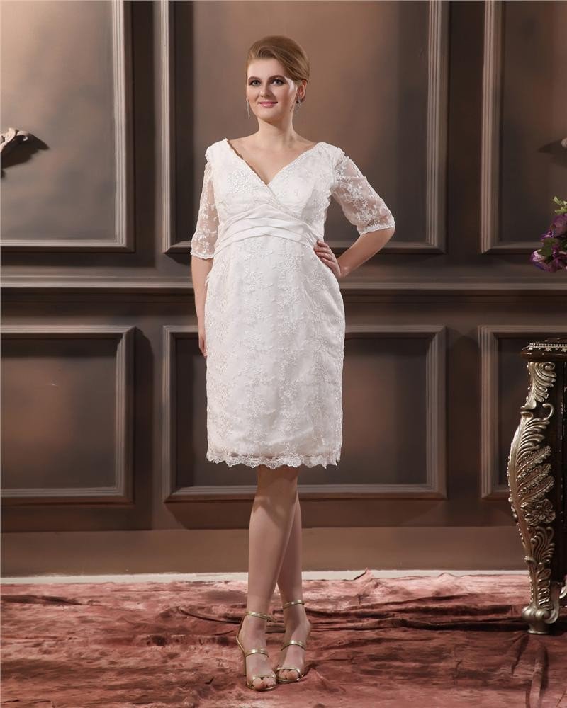 Lace V Neck Three Quarter Sleeve Plus Size Bridal Gown Wedding Dresses