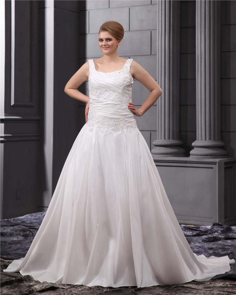Satin Applique Round Neck Court Plus Size Bridal Gown Wedding Dress