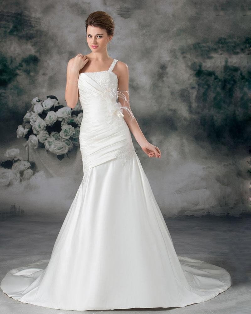 Taffeta Flower Ruffle Feather One Shoulder Court Train Sheath Wedding Dress