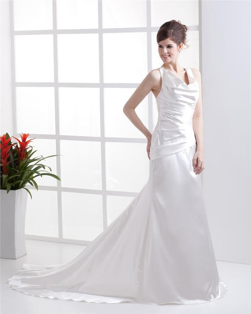 U Shaped Neck Applique Ruffle Beading Crossed Belt Floor Length Charmeuse Woman Sheath Wedding Dress