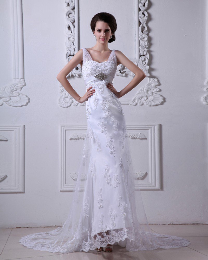 Satin Tulle V Neck Applique Beading Court Sheath Bridal Gown Wedding Dress