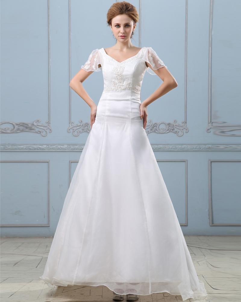 Applique Short Sleeve V Neck Satin Organza Sheath Wedding Dress