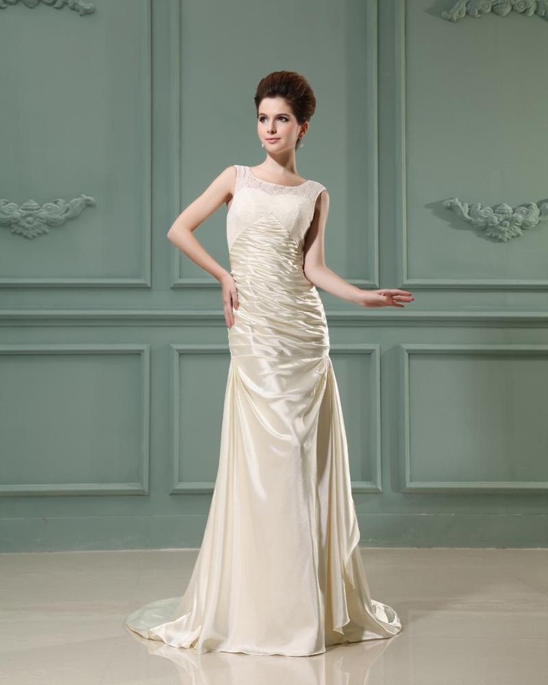 Jewel Sleeveless Zipper Ruffle Floor Length Lace Elastic Silk Like Satin Silk Sheath Wedding Dress