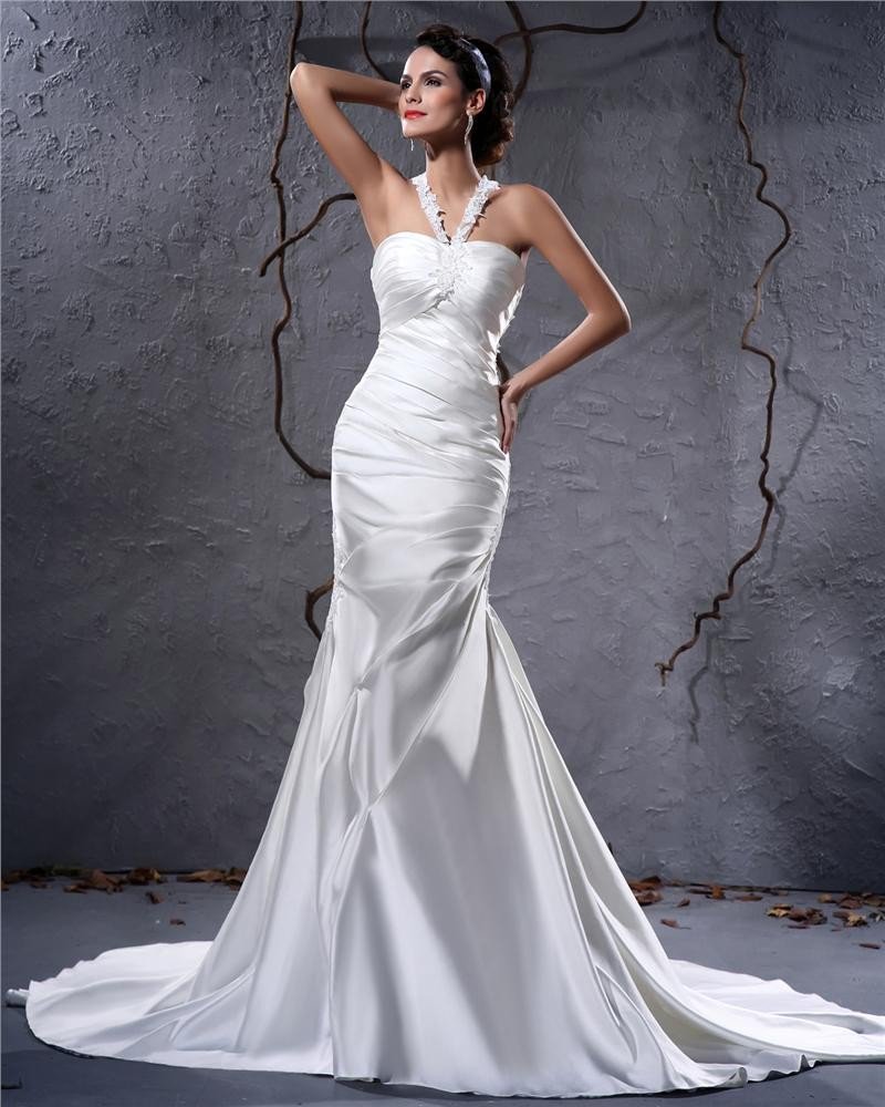 Elegant Satin Pleated Applique Halter Floor Length Sheath Wedding Dress