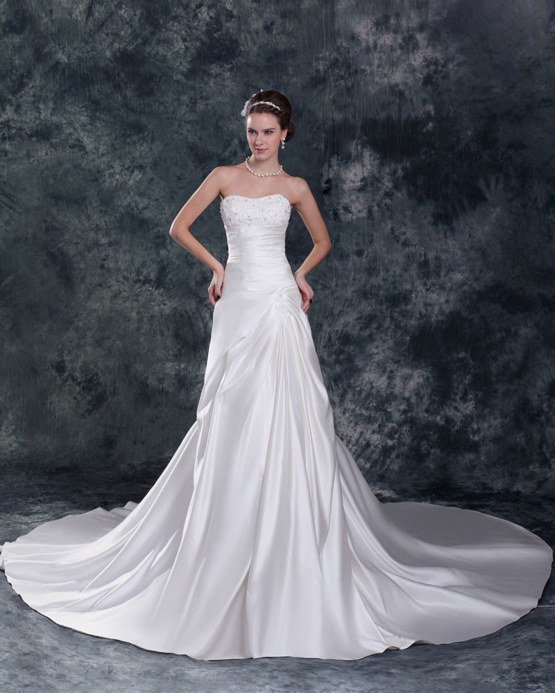 Satin Ruffle Sequins Sweetheart Court Train Sheath Wedding Dress
