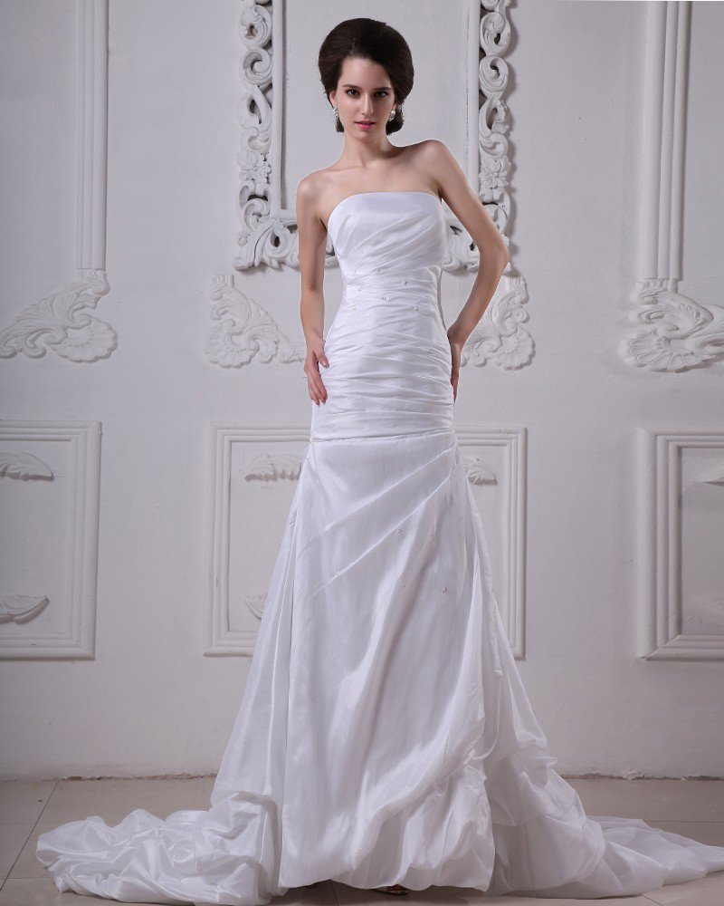 Taffeta Beading Ruffles Strapless Cathedral Length Sheath Wedding Dresses