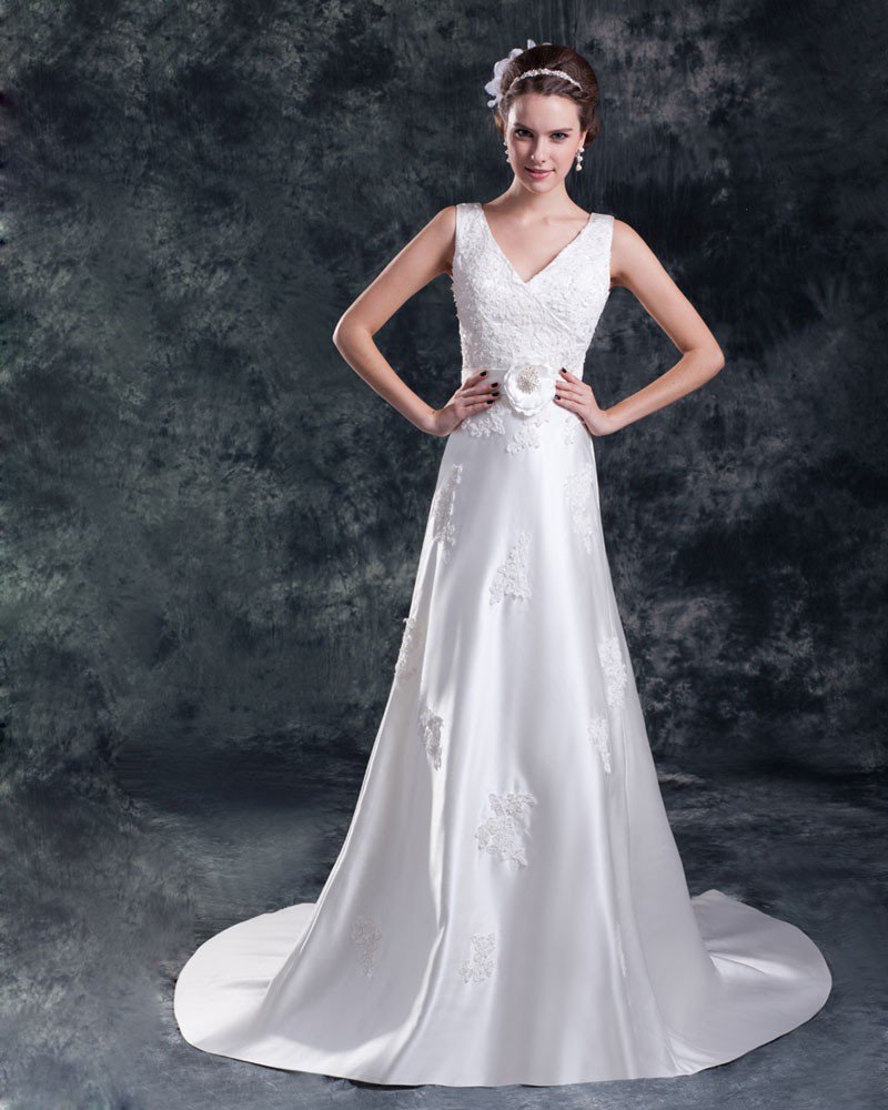 Satin Flower Applique V Neck Court Train Sheath Wedding Dress