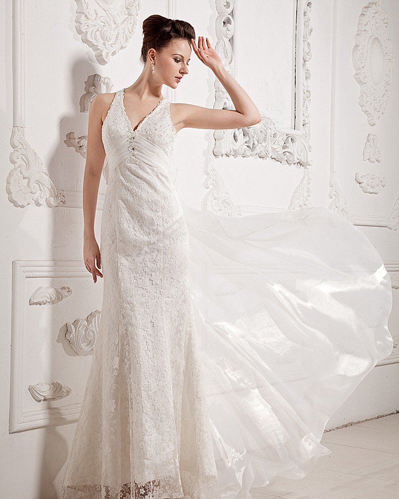Chiffon Lace Beading V Neck Court Sheath Bridal Gown Wedding Dresses