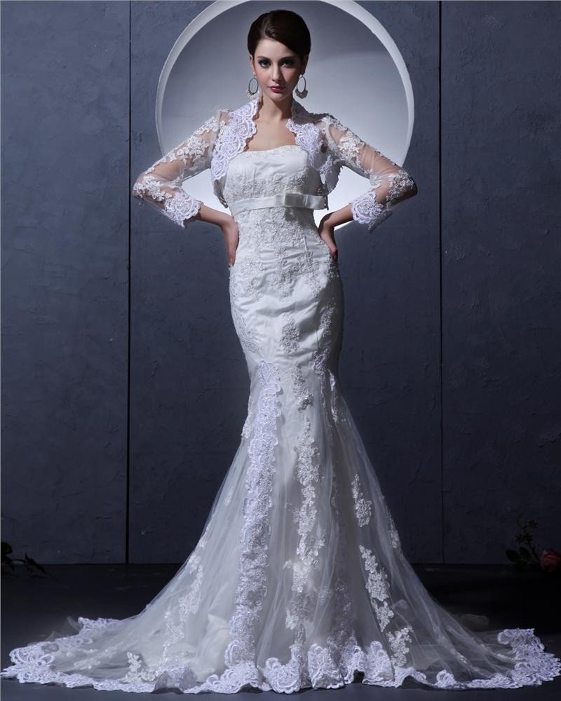 Tulle Applique Beaded Strapless Court Sheath Bridal Gown Wedding Dress