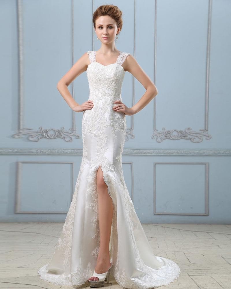 Applique Satin Slit Sleeveless Single Breasted Back Sheath Wedding Dress