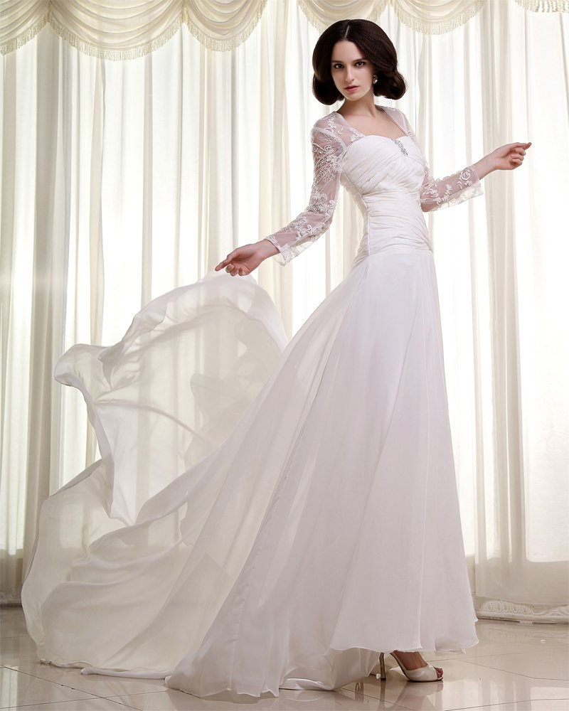 Chiffon Lace Ruffles Square Cathedral Train Sheath Wedding Dresses