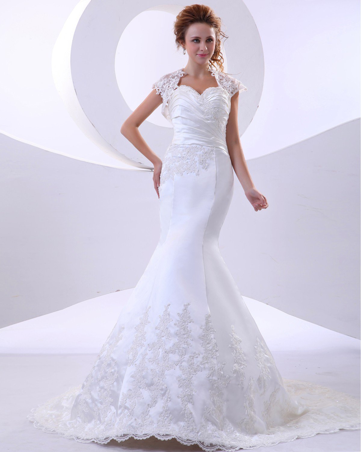 Lace Satin Applique Sweetheart Cathedral Train Sheath Wedding Dresses