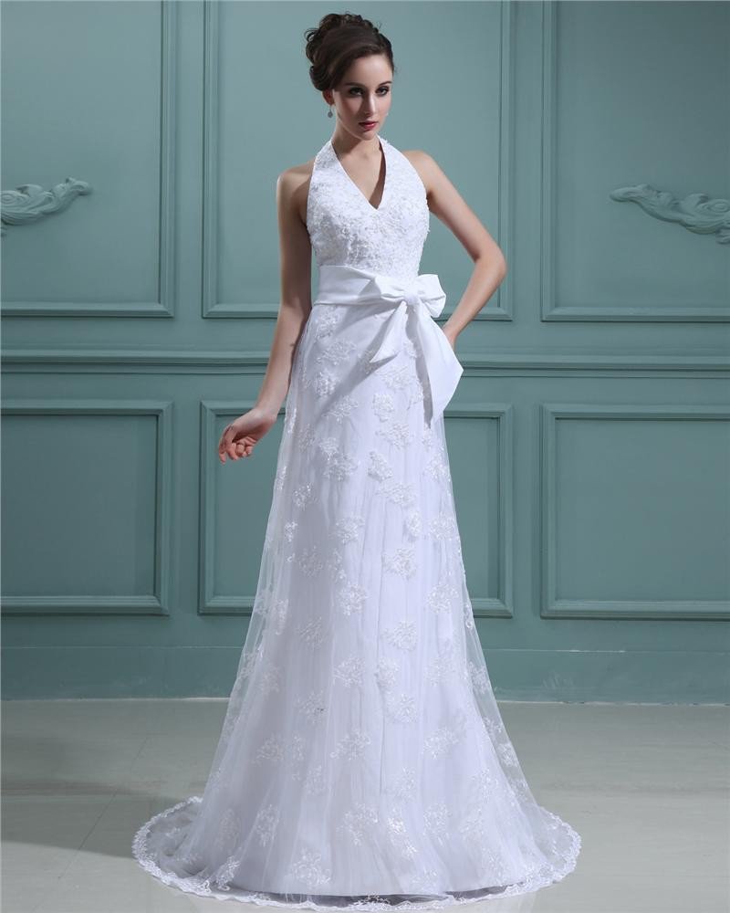 Satin Lace Applique Sweep Sheath Bridal Gown Wedding Dress