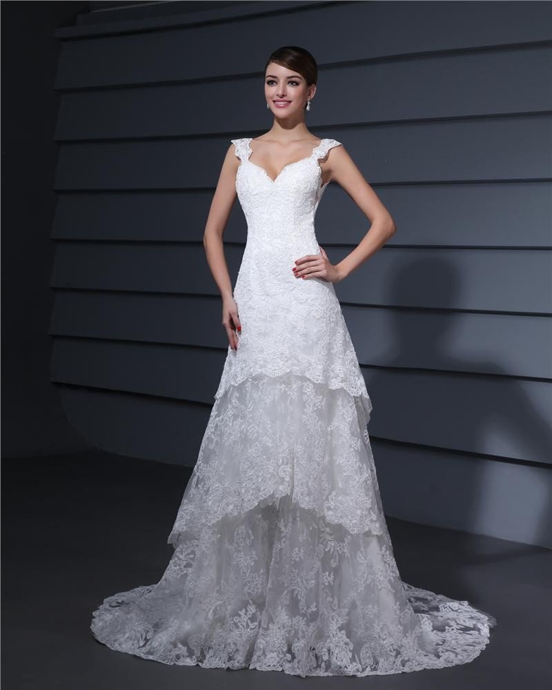 Shoulder Straps Embroidery Floor Length Lace Sheath Wedding Dress
