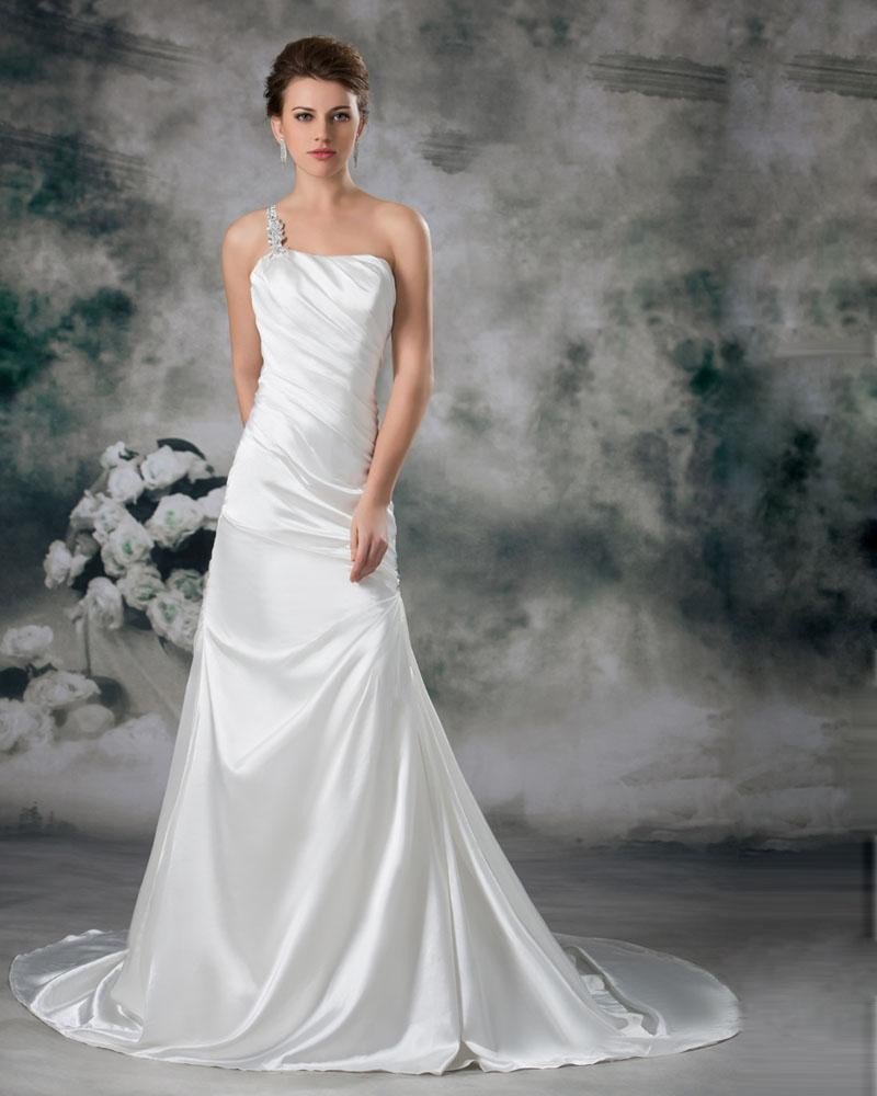 Satin Sequins One Shoulder Ruffle Court Train Sheath Wedding Dress