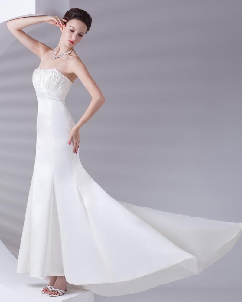 Strapless Pleated Floor Length Charmeuse Woman Sheath Wedding Dress