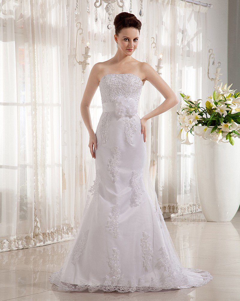 Satin Beading Applique Strapless Chapel Train Sheath Wedding Dresses