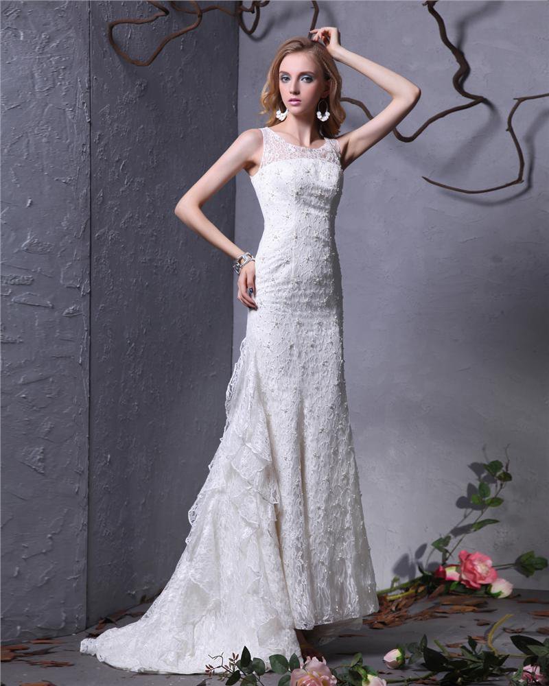 Jewel Bead Floor Length Lace Sheath Wedding Dress