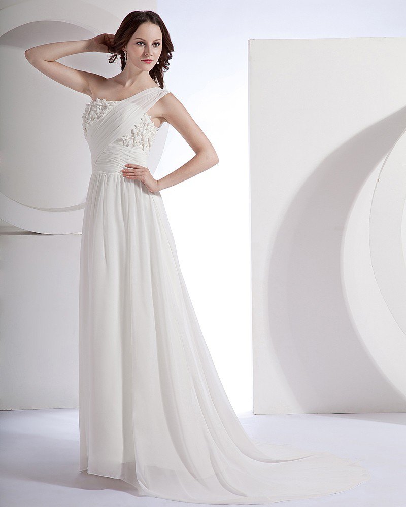 Chiffon Satin One Shoulder Beading Sweep Sheath Bridal Gown Wedding Dress