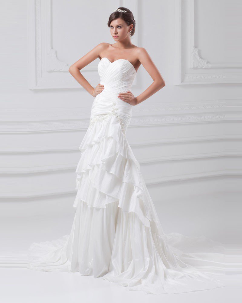 Taffeta Flower Applique Sequins Sweetheart Court Train Tiered Sheath Wedding Dress