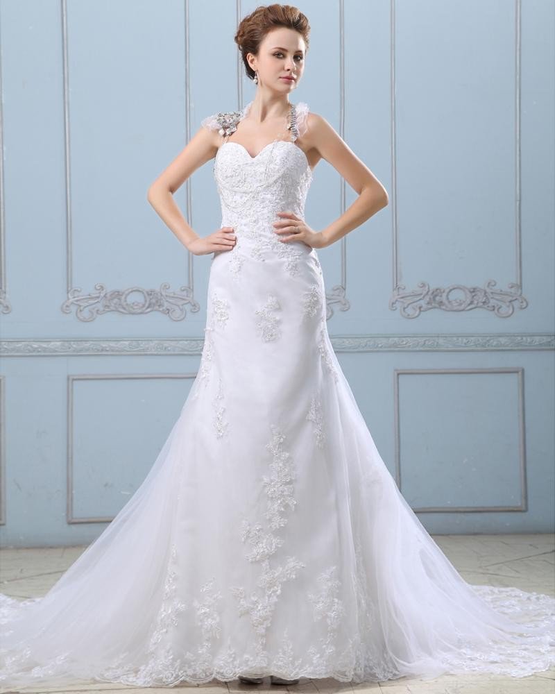 Applique Single Breasted Back Semi Cathedral Satin Organza Sheath Wedding Dress