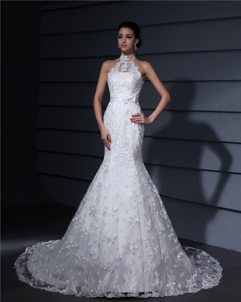 High Neck Lace Applique Court Sheath Bridal Gown Wedding Dress