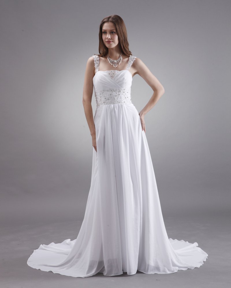 A-line Beaded Spaghetti Straps Sweep Train Satin Chiffon Bridal Gown Wedding Dress
