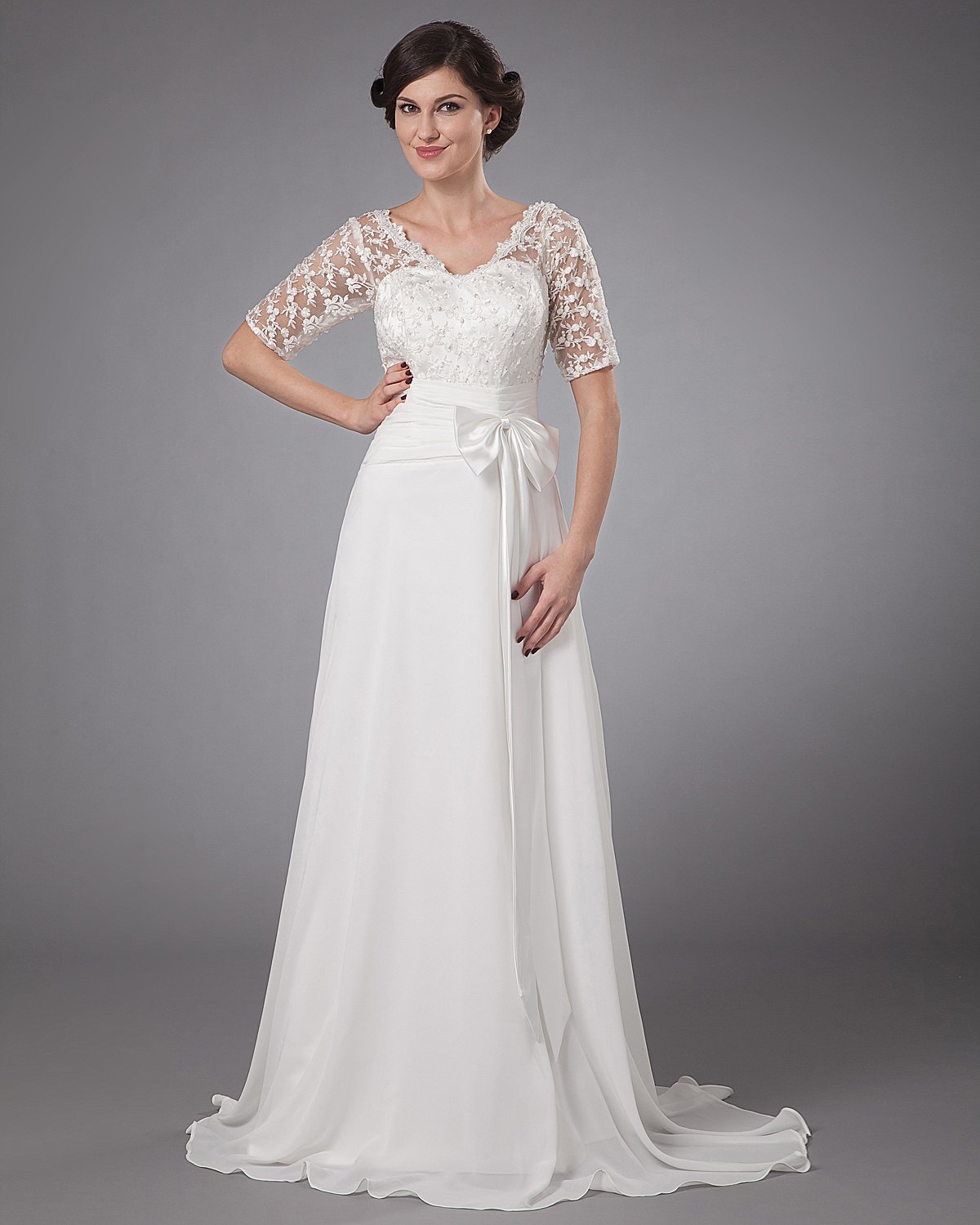 Chiffon Applique V-Neck Ankle Length Wedding Dress