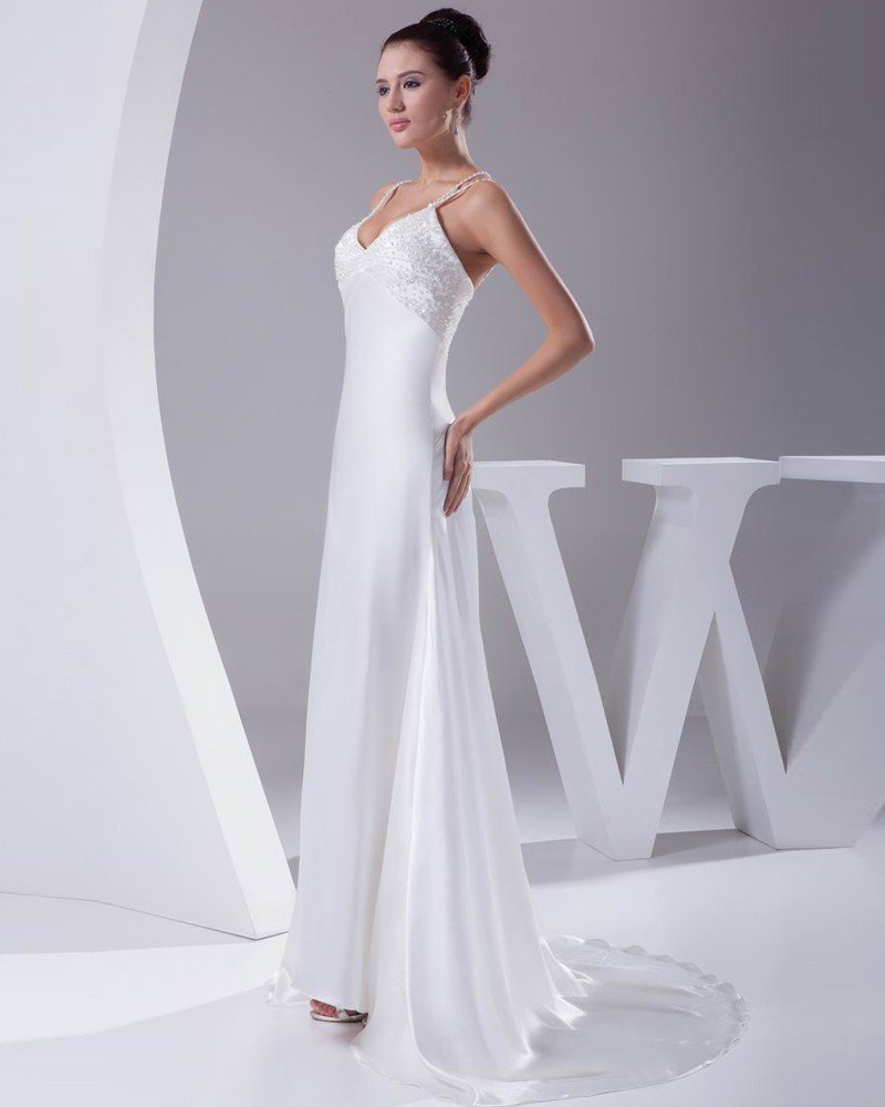 Elegant Charmeuse Beading Spaghetti Strap Floor Length Women Wedding Dress