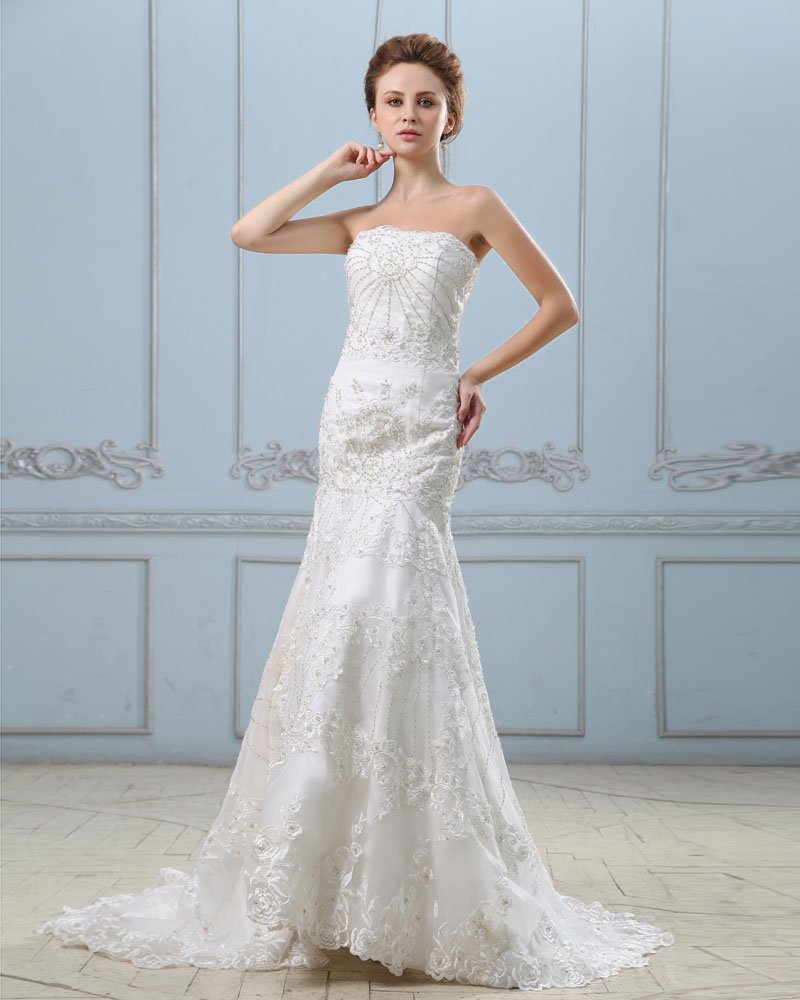 Embroidery Beading Strapless Chapel Train Satin Sheath Wedding Dress