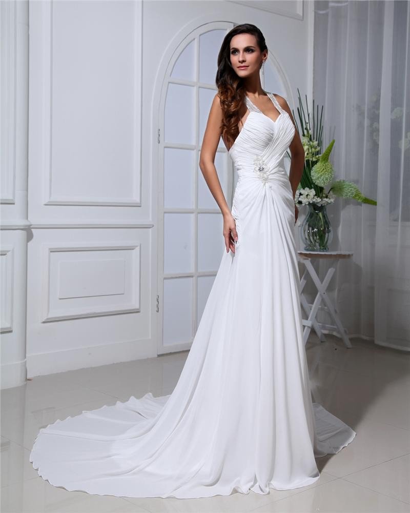 Chiffon Ruffles Halter Cathedral Train Sheath Wedding Dresses