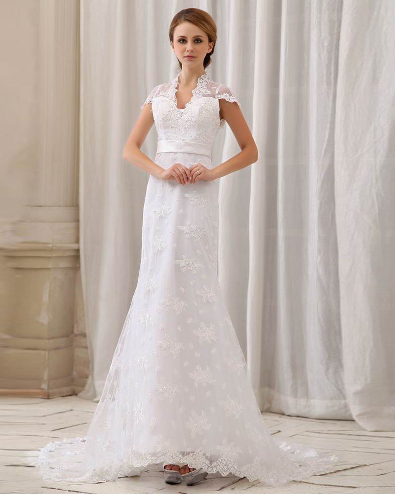Beautiful Mandarin Collar Chapel Train Lace Sheath Wedding Dress