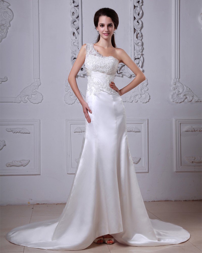 Charmeuse Applique Ruffles One Shoulder Cathedral Train Sheath Wedding Dresses