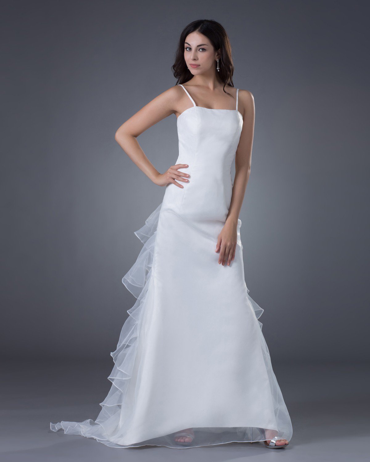 Satin Organza Applique Spaghetti Straps Sweep Sheath Bridal Gown Wedding Dress