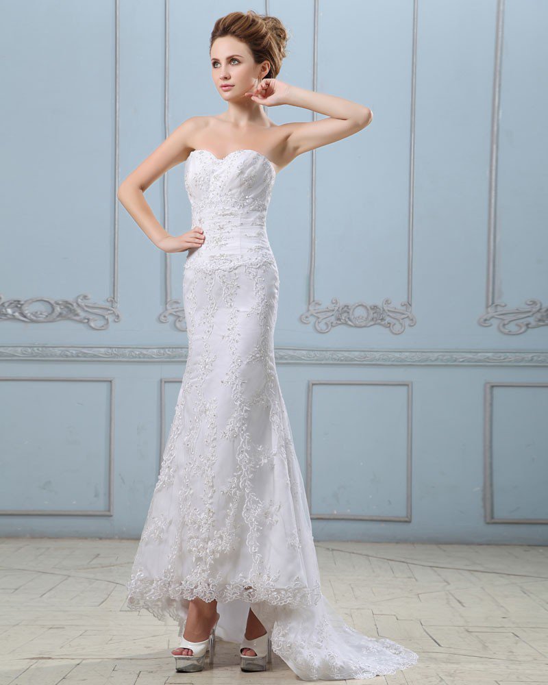 Embroidery Beading Sequins Lace Up Back Satin Sheath Wedding Dress